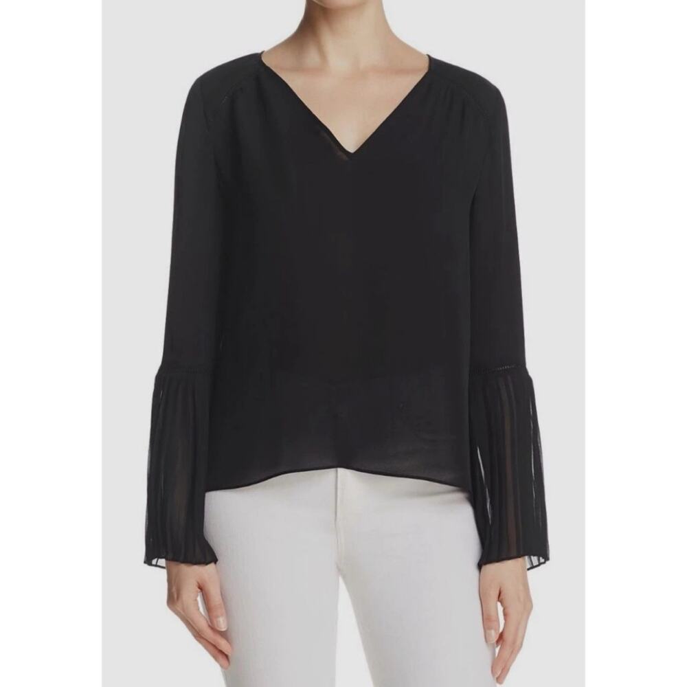 Ramy Brook Sonia Black 100% Silk Pleated Sleeve V Neck Black Blouse S